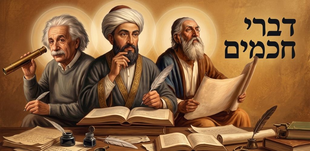 ציור של שלושה חכמים יושבים ליד שולחן עמוס ספרים, מגילות ונוצות כתיבה